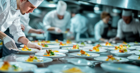 A team of professional chefs meticulously preparing gourmet dishes in a high-end restaurant kitchen. Each chef is focused on their task, ensuring the presentation and quality of the food.