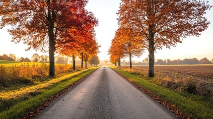 Naklejka premium Autumnal road lined with colorful trees.