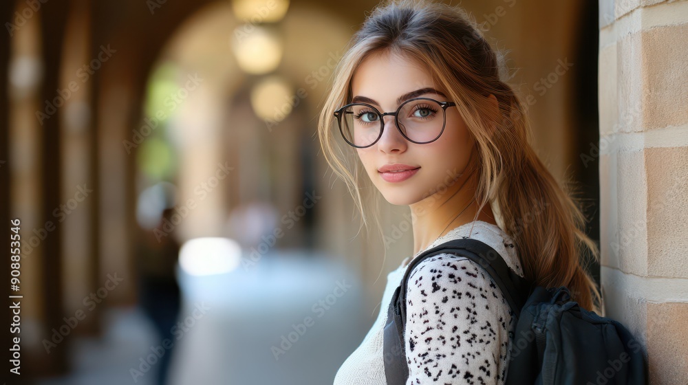 Poster A young woman wearing glasses and a backpack stands in front of a brick wall