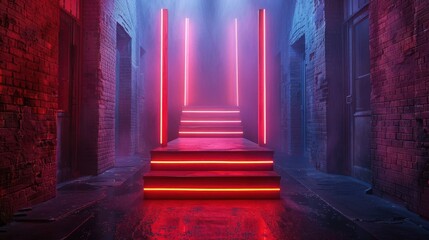 A red staircase is lit up in a dark room