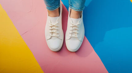 Overhead view of white sneakers on a brightly colored, geometric ground composed of yellow, pink,...