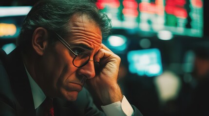 A man in a suit is looking at a computer screen with a frown on his face