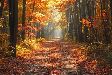 Sunbeams illuminate a path through an autumn forest, with vibrant foliage and fallen leaves.