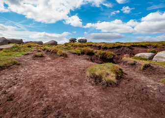 Kinder Scout moorland plateau area landscape at National Nature Reserve in the Dark Peak of the Derbyshire Peak District in England