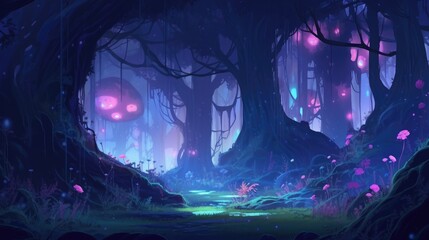 Obraz premium Mystical anime forest with glowing plants and ethereal lights
