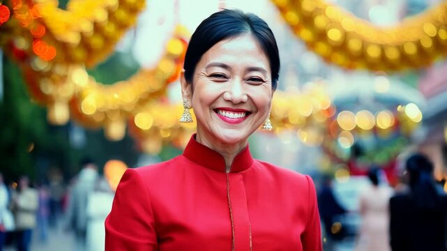 Asian woman in red qipao smiling at lantern festival, traditional celebration and cultural event