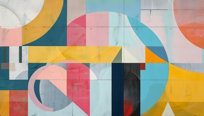 Obraz premium Vibrant geometric abstract mural featuring colorful shapes and patterns that create an engaging visual tapestry.