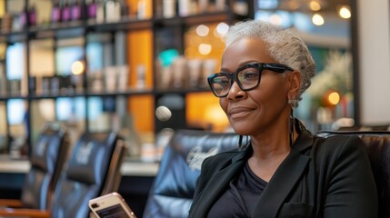Obraz premium A woman with grey hair and glasses relaxes in a modern salon, looking at her phone with a content expression
