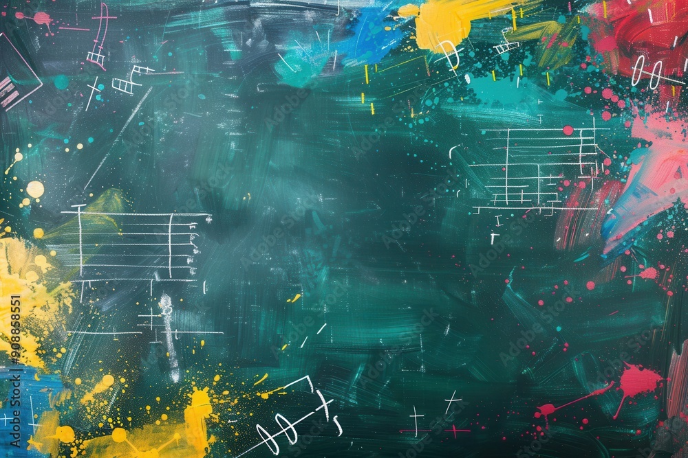 Poster colorful brushstrokes adorn a dark green chalkboard, showcasing creativity and artistic expression i