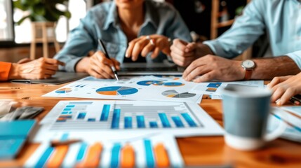 Fototapeta premium Business discussion at the office meeting table, with paper documents of financial and marketing report diagrams.