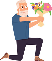 Happy senior with flower bouquet. Romantic gesture icon