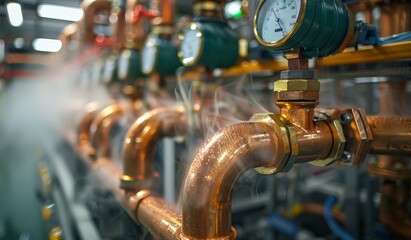 Industrial copper pipes with meters and valves emitting steam in a factory setting