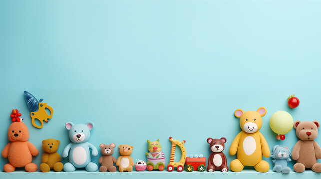 Toys for children frame and border on pastel blue background.