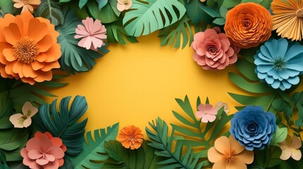 Paper Flowers and Tropical Leaves Border a Yellow Background