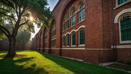 a traditional school building with red brick walls and large windows surrounded by green trees