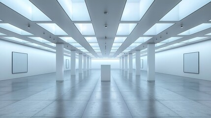 A large, empty room with white walls and a white pedestal in the middle