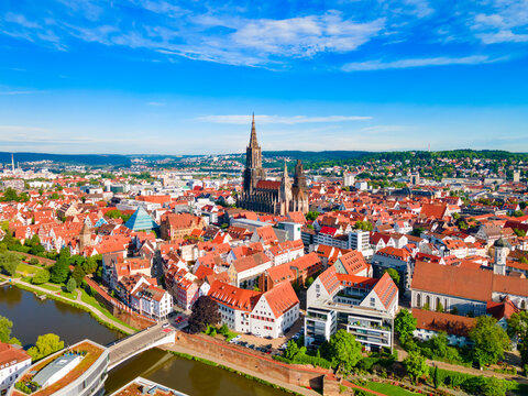 Ulm Minster Church aerial panoramic view, Germany