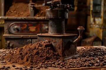 Vintage coffee grinder with freshly ground coffee and beans on a rustic surface, perfect for coffee lovers and culinary themes.