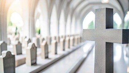 Arched cloister walkway lined with rows of grave markers. Sunlight filters through the gothic arches casting soft shadows on the stone floor.