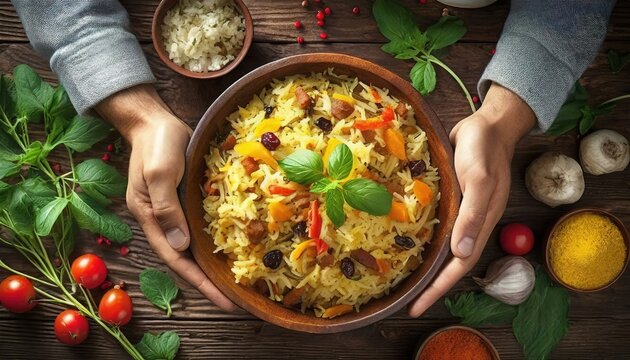 Hands serve a bowl of rice garnished with vegetables on a wooden table. The dish is ready, offering a wholesome meal enriched with herbs and spices.