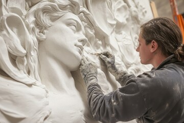 An artist sculpting a large gypsum figure, using carving tools to shape the details
