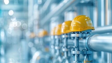 Fototapeta premium Yellow safety helmets aligned on industrial pipes symbolize construction safety and teamwork in a modern facility.
