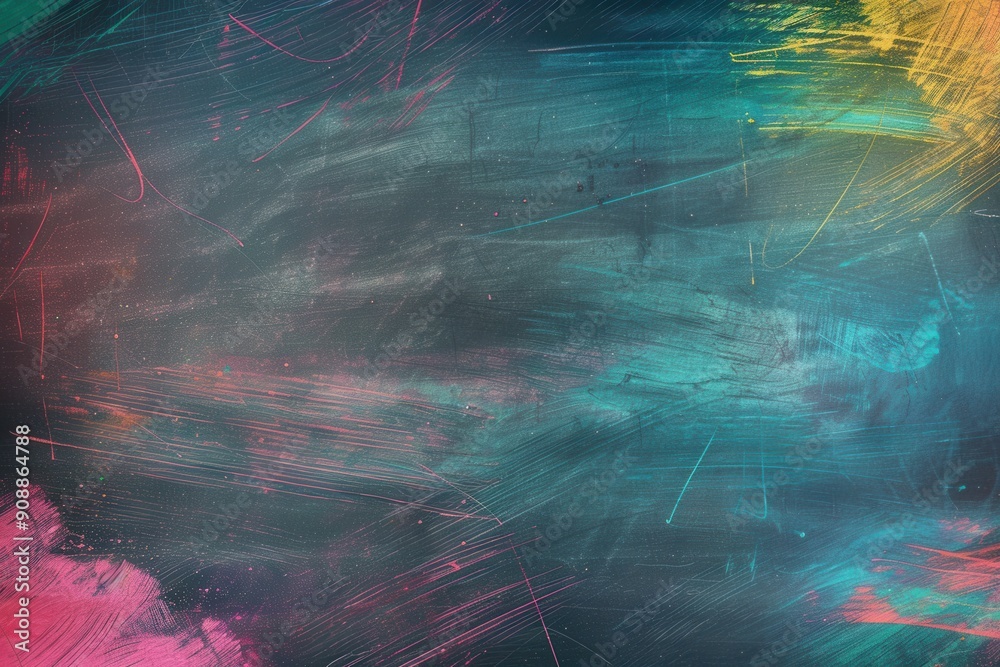 Poster Colorful brushstrokes create a lively display on a dark green chalkboard, showcasing creativity and artistic expression in the classroom. Generative AI