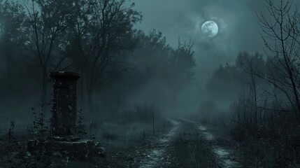 A graveyard with a large moon in the sky