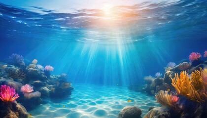 A beautiful blue ocean background with sunlight streaming through the water, illuminating an underwater scene with vibrant coral.