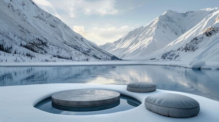 A serene and peaceful scene of a lake surrounded by snow-covered mountains