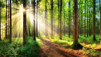 Obraz premium A picturesque forest with sunlight filtering through the trees, casting a warm glow on the green foliage.