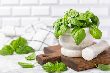 Fresh green basil in a mortar on a textured wooden background. Organic spices and herbs. Vegan. Fresh kitchen herbs. Fresh basil being made into pesto with mortar and pestle.Copy space. Place for text