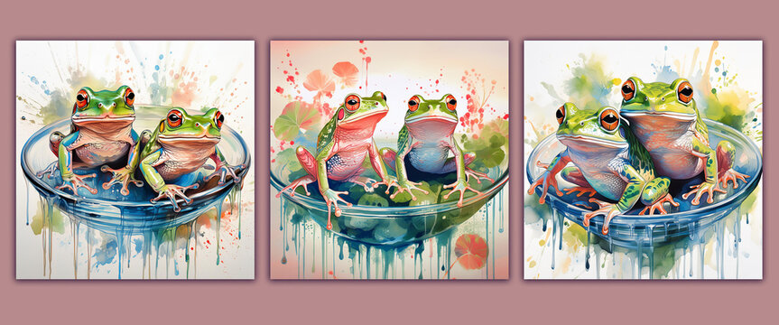 Zwei kleine Frösche auf einem Teller im Aquarell Technik