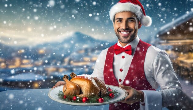 Festive family diner on Thanksgiving Day in a restaurant. Beginning of the holiday season, leading up to Christmas and New Year's. Smiling waiter dressed as Santa Claus serves roasted turkey.
