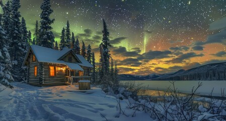 A cabin in the woods with a lake in the background
