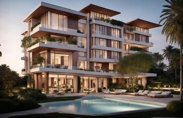 Large modern contemporary house in wood and concrete. Modern residential buildings with terrace and a swimming pool