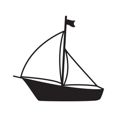 Hand drawn ship with sail; isolated on white background. Design concept for summer vacation and travel.