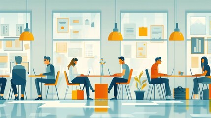 Obraz premium A group of people are working in an office with a lot of white walls