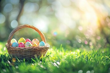 Colorful Easter Eggs in a Woven Basket Surrounded by Green Grass on a Sunny Day