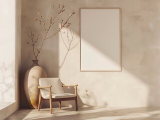 Japanese style office room with minimal portrait frame on wall, mid-century furniture, soft lighting, beige chair, ceramic vase with maple branch, and beige tones.