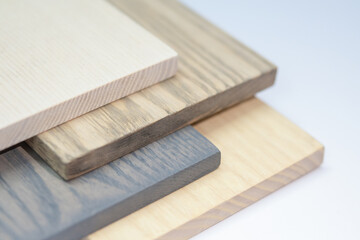 Wood on white background, Sample wood panel materials for customers to choose, sofa, furniture, home decoration.