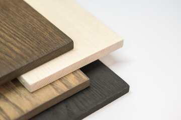 Wood on white background, Sample wood panel materials for customers to choose, sofa, furniture, home decoration.