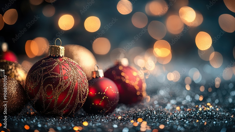 Poster collection of festive holiday ornaments with bokeh and sparkles in the background