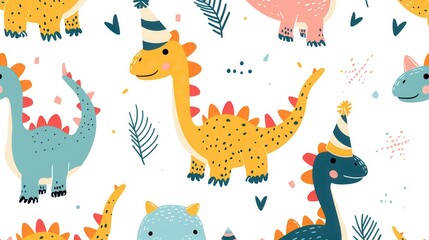 A cute birthday pattern with little dinosaurs in hats on a white background in illustration style and simple design.