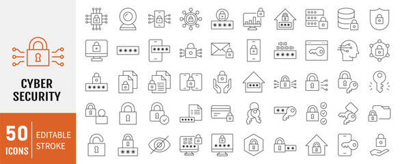 Set of 50 Cyber security and protection editable stroke. Outline web icon collection. Vector illustration