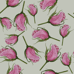 Seamless pattern with pink roses. Roses drawn with coloured pencils in a seamless pattern. Hand drawn.