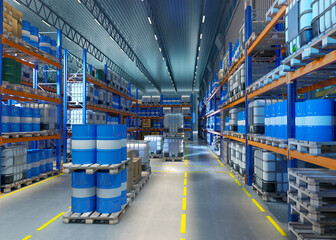 Oil company warehouse. Interior of storage area. Warehouse area with barrels on shelves. Oil enterprise. Storage of oil refining corporation. Warehouse hangar with IBC. Spacious storeroom. 3d image