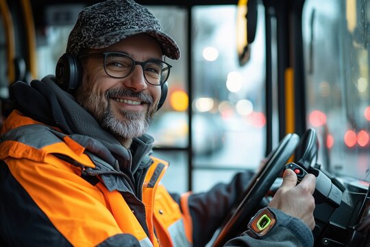 Cheerful City Bus Driver Prepared to Welcome Passengers by Opening Doors