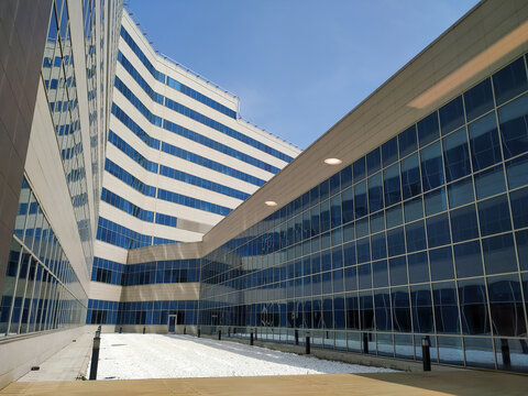 MERSIN, TURKEY, MAY 16, 2024: Architectural detail of Mersin City Hospital. It is a 1,294 bed City Hospital located in the Toroslar district of Mersin province in Turkey.