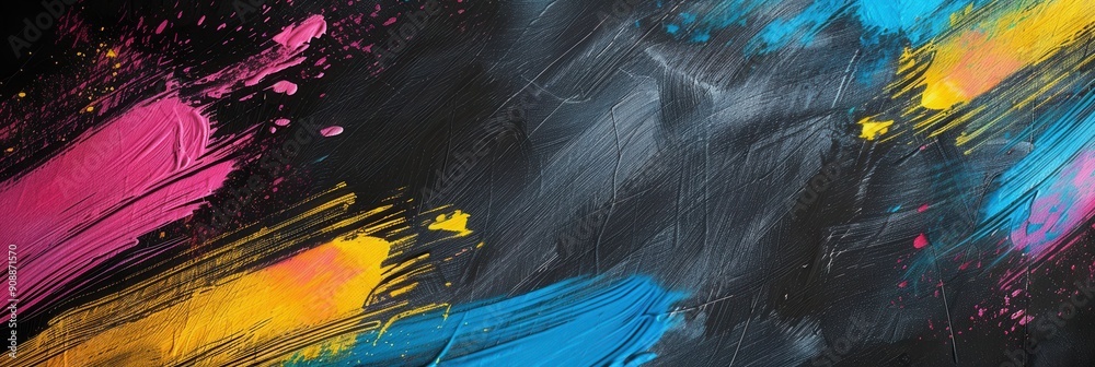 Poster colorful brushstrokes create a lively display on a dark green chalkboard, showcasing creativity in a
